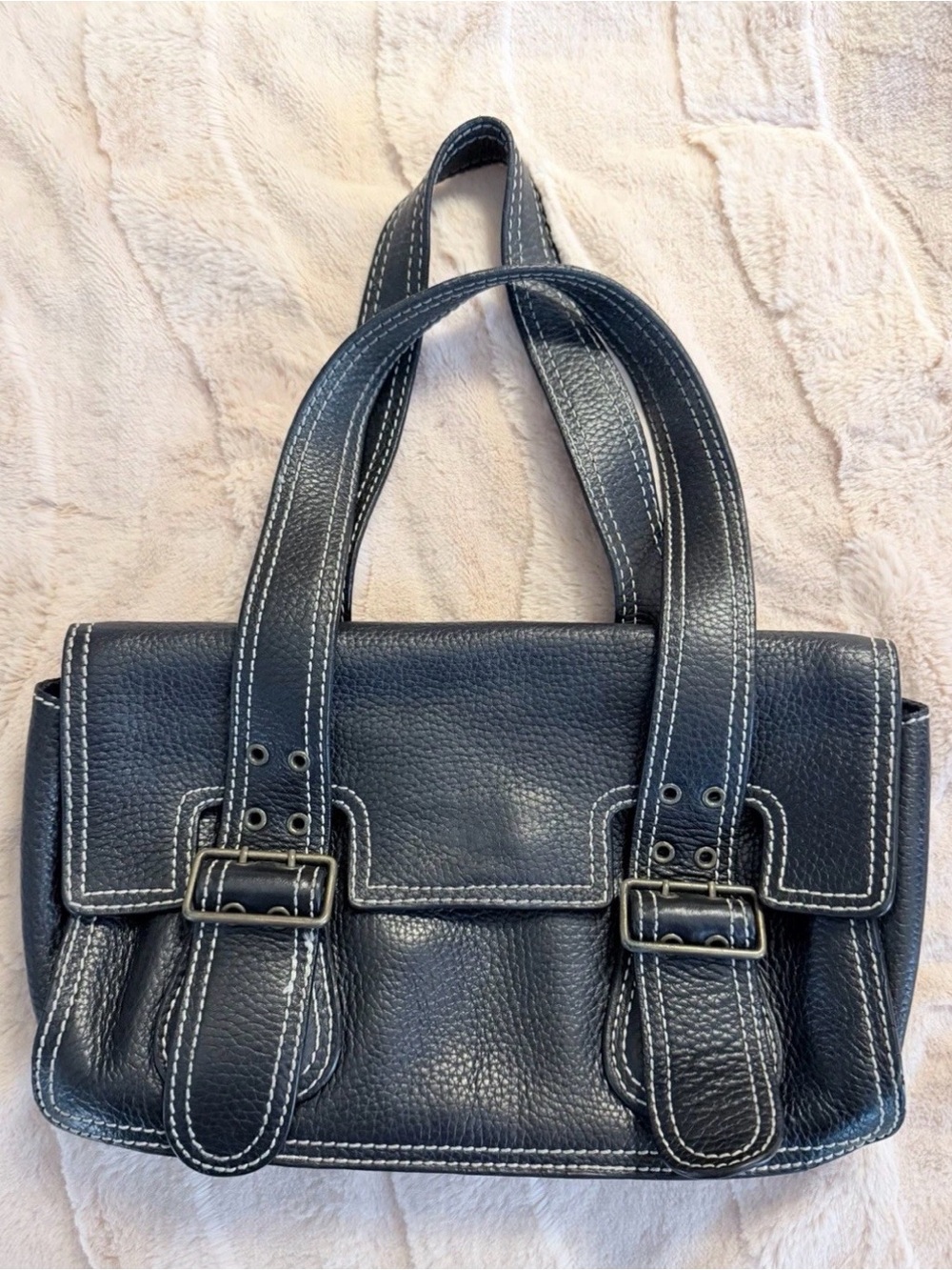 Cynthia Rowley Vintage Black Pebbled Leather Satchel Handbag Y2K Contrast Stitch